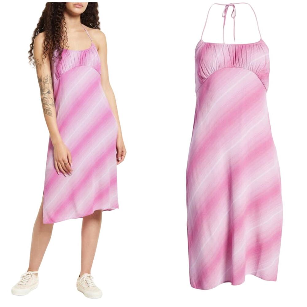 BP Nordstrom Halter Midi Dress Purple Pink Diagonal Ombre Stripe Size S Sundress